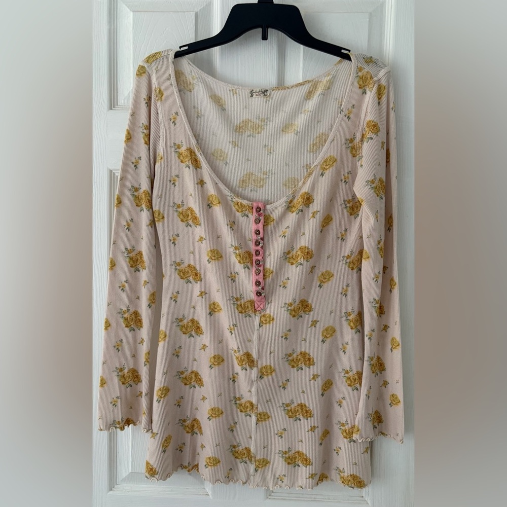 Free People Pink Cream Floral Ribbed Henley Long Sleeve Pajama Top